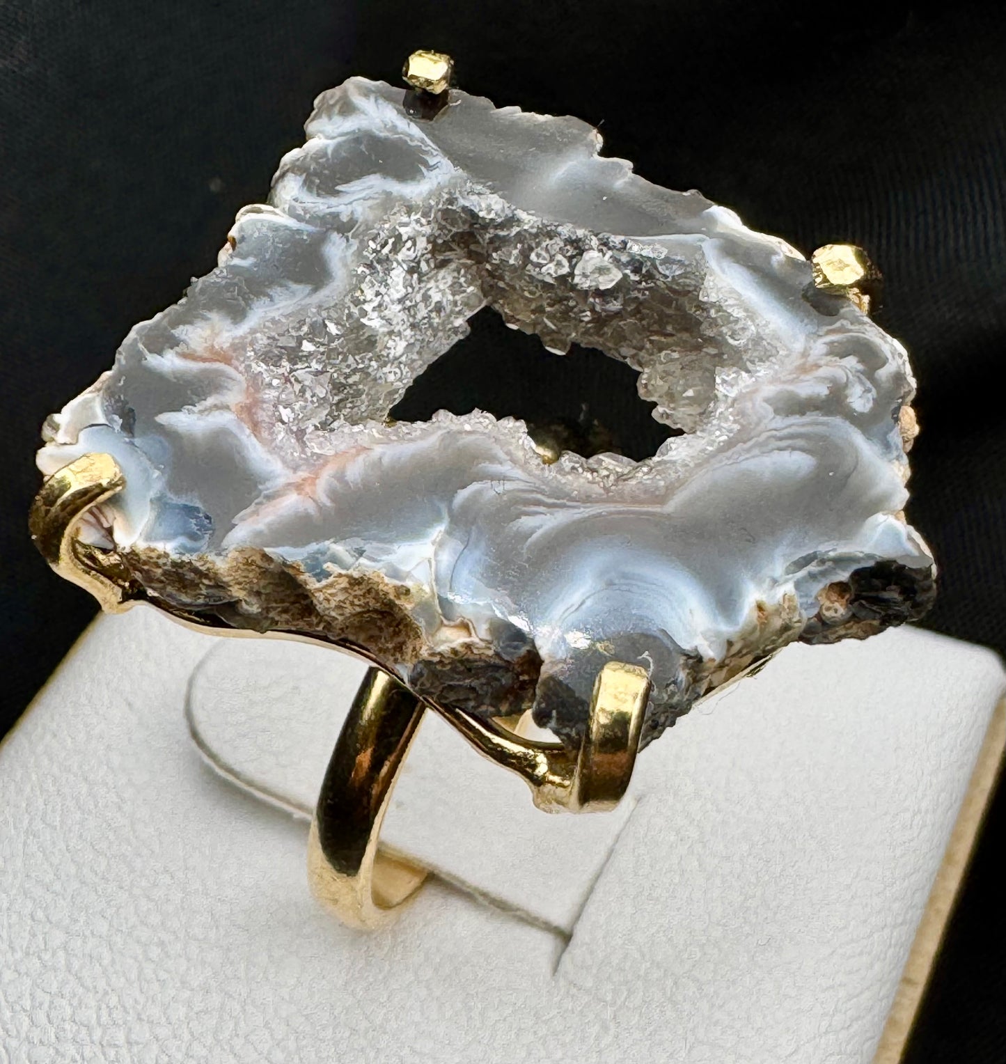 Dark Geode Slice Ring, silver & gold band options, ADJUSTABLE band available