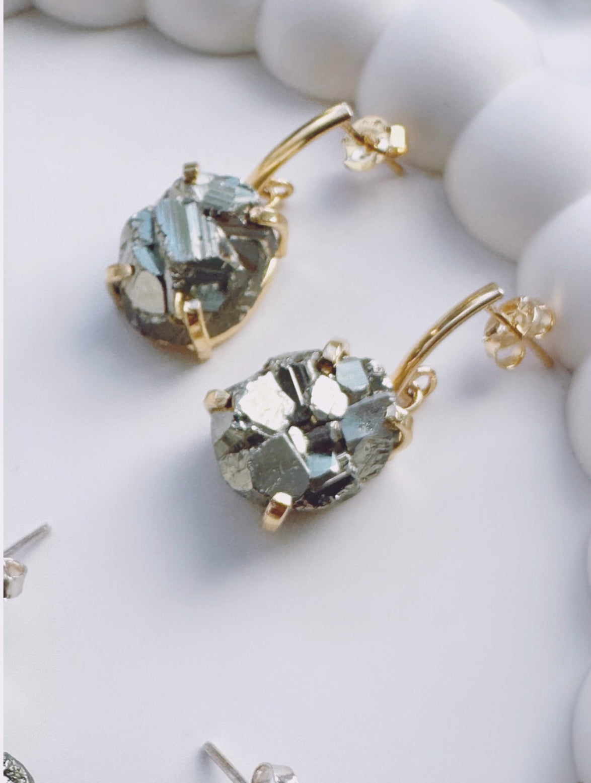 Pyrite Single Oval Dropper Earrings - Gold or Silver plated available!