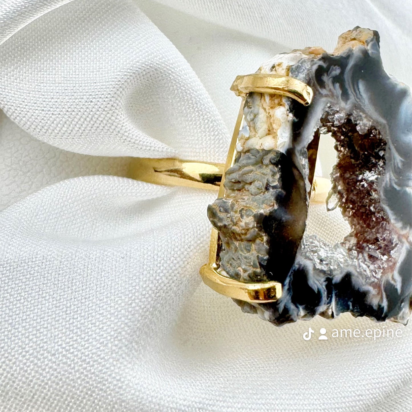 Dark Geode Slice Ring, silver & gold band options, ADJUSTABLE band available