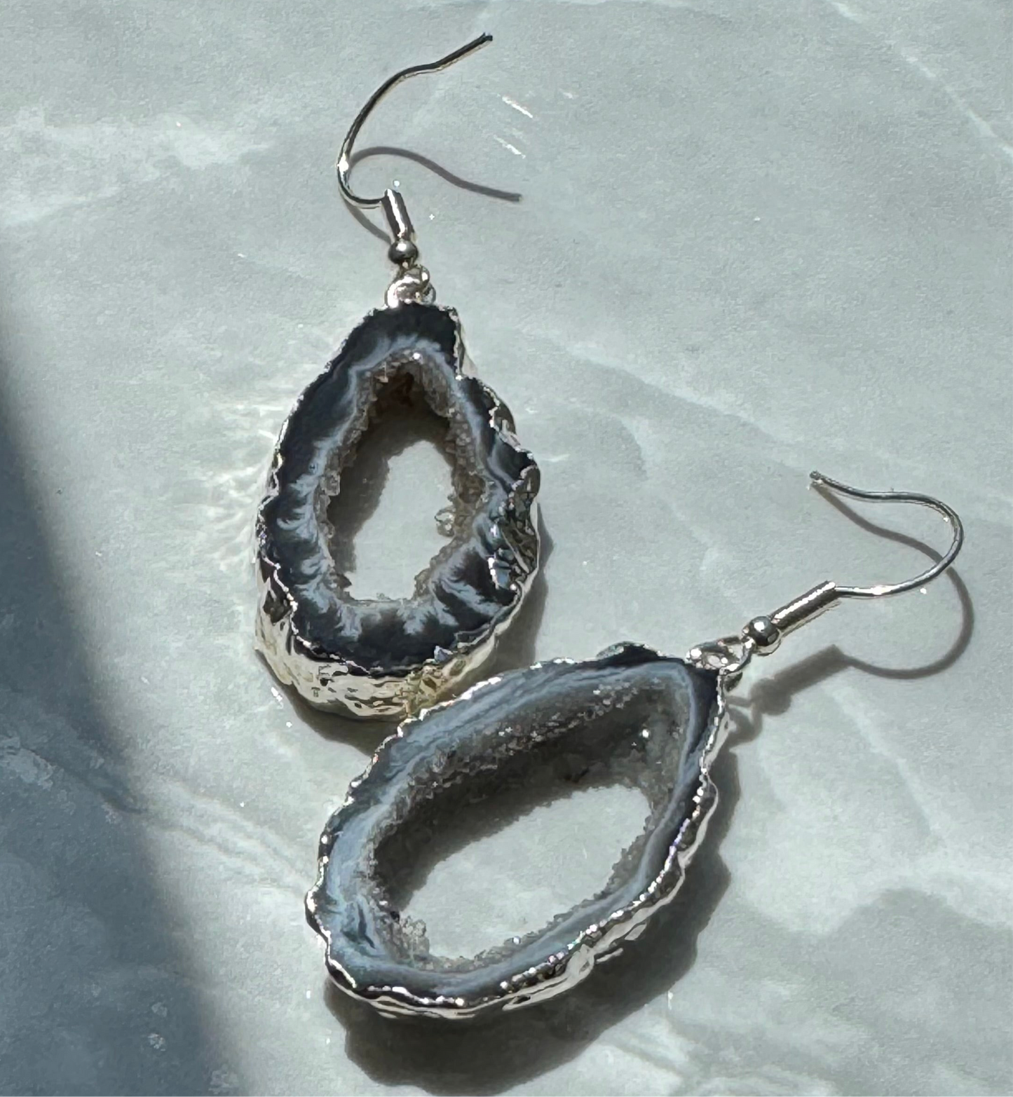 Dark Geode slice Earrings silver or gold electroplated