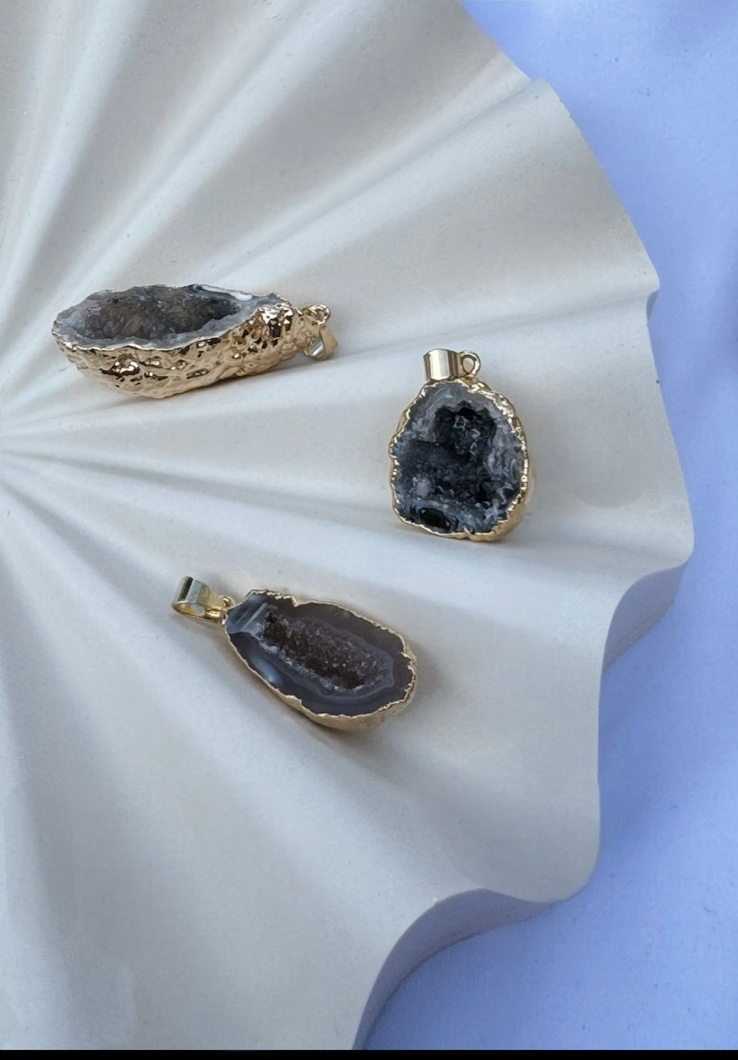 Dark or Light Geode crystal egg pendants with 24 K Gold plating