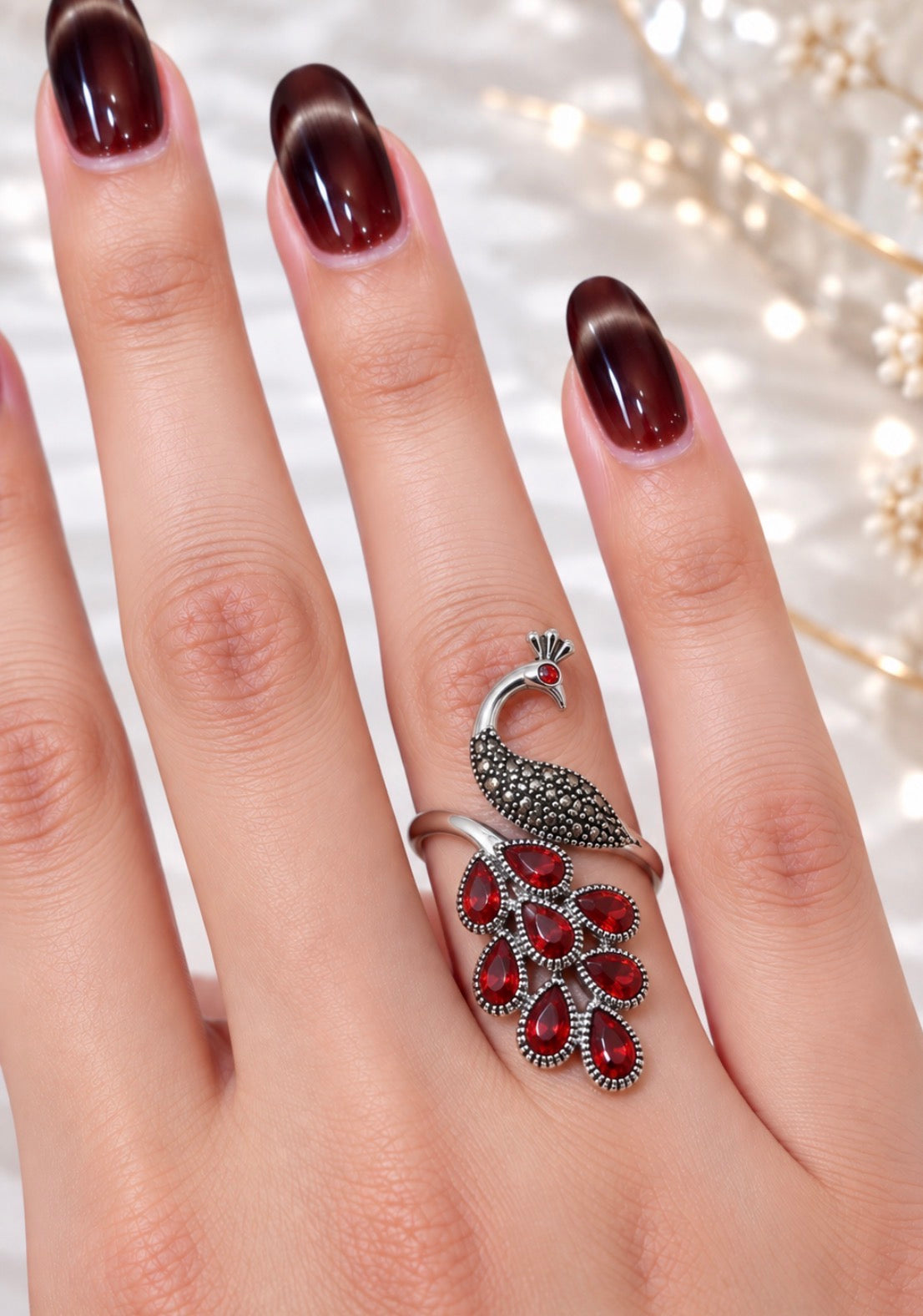 Peacock Red Garnet Adjustable S925 ring
