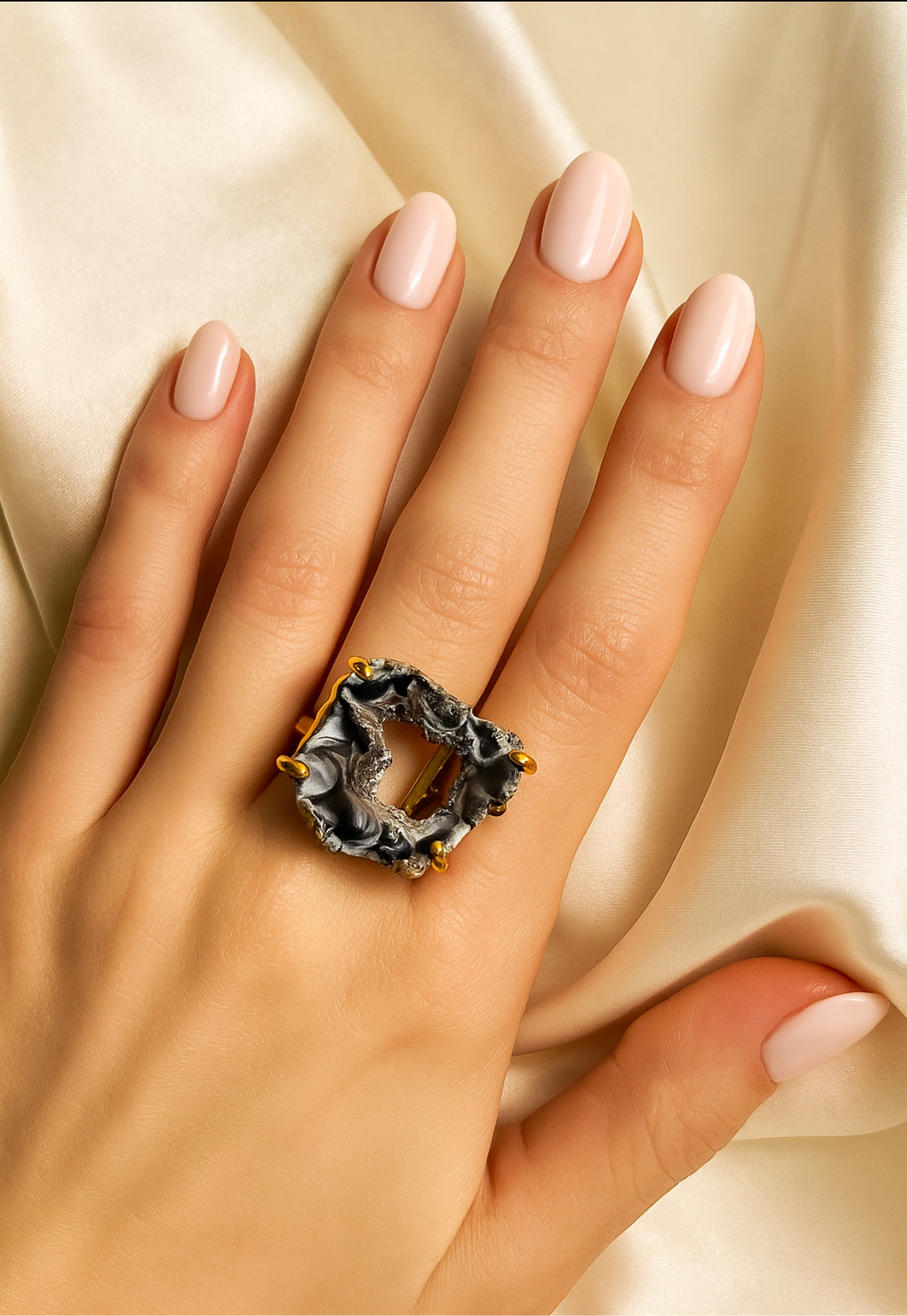 Dark Geode Slice Ring, silver & gold band options, ADJUSTABLE band available