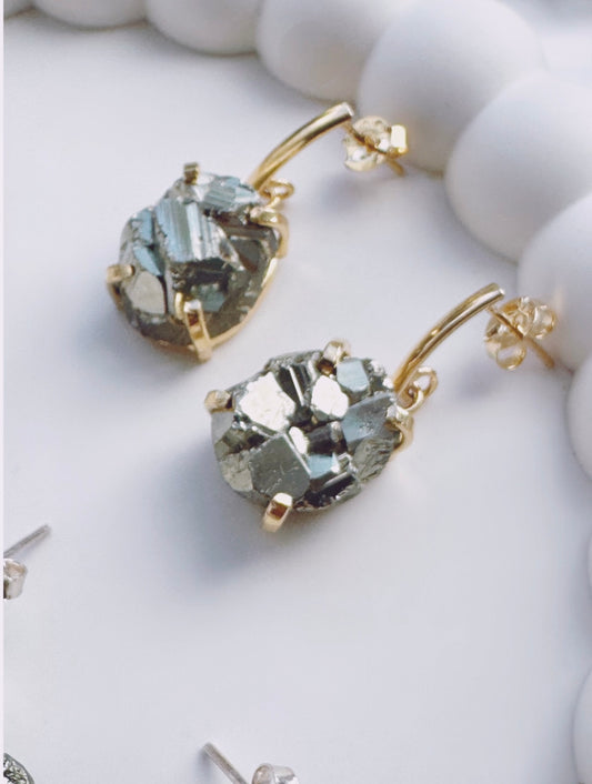 Pyrite Single Oval Dropper Earrings - Gold or Silver plated available!