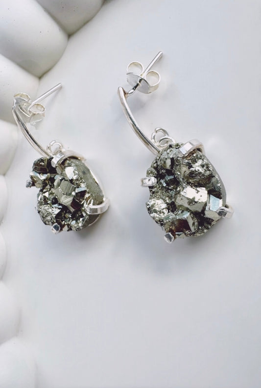 Pyrite Single Oval Dropper Earrings - Gold or Silver plated available!