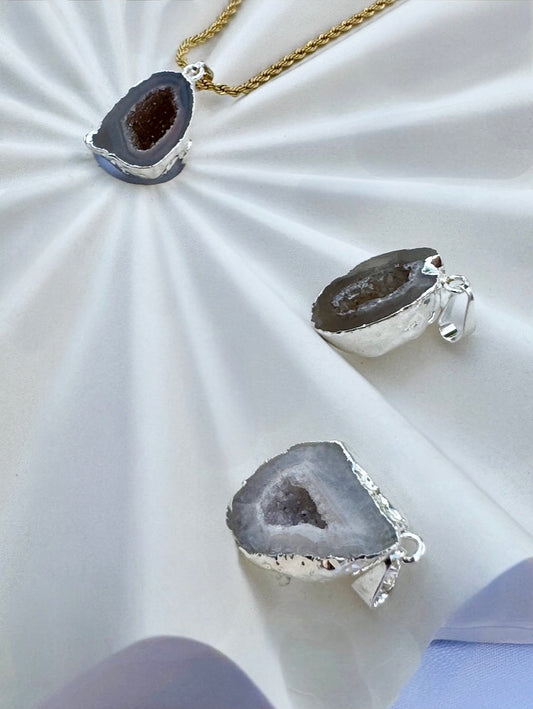 Dark or Light Geode crystal egg pendants with Silver electroplating! Pendant ONLY no chain.