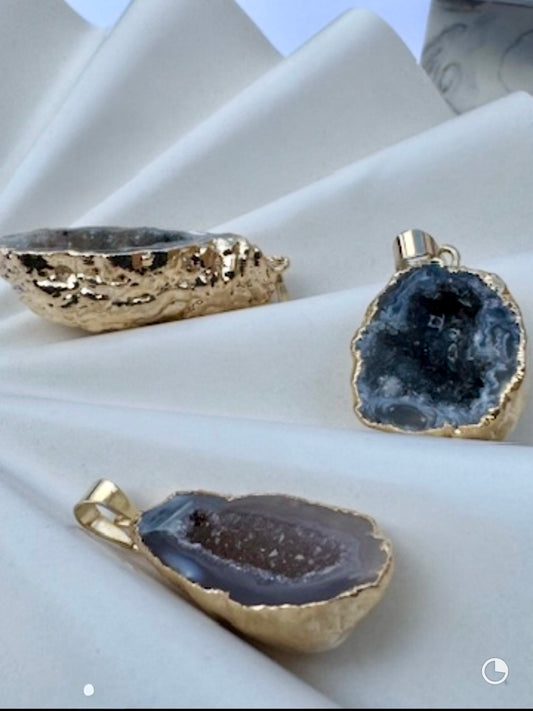 Dark or Light Geode crystal egg pendants with 24 K Gold plating