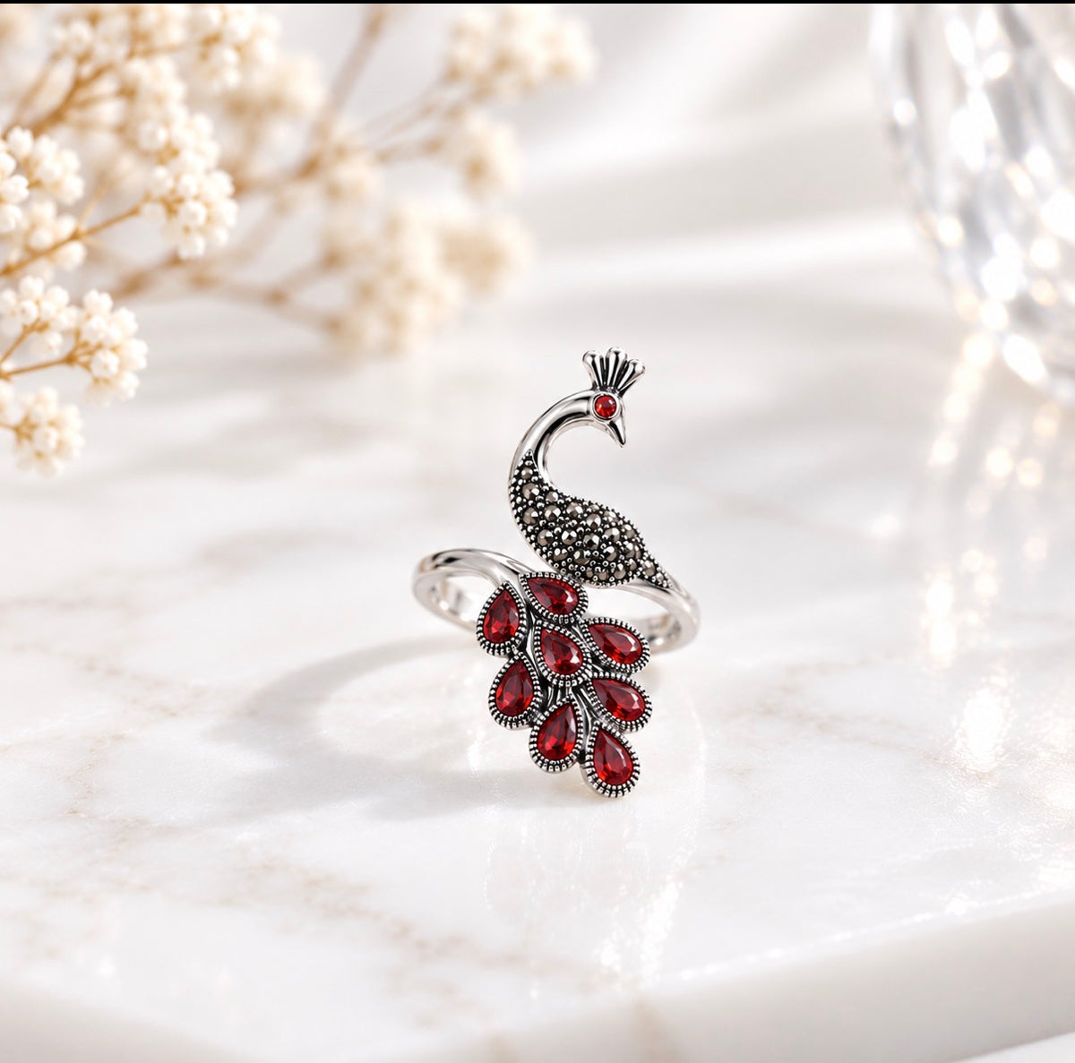 Peacock Red Garnet Adjustable  S925 ring