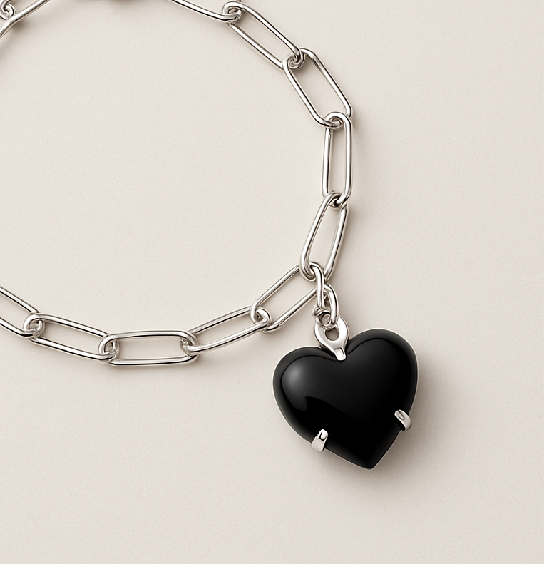 Black Onyx Heart Charm - Sterling Silver & Gold plated option.