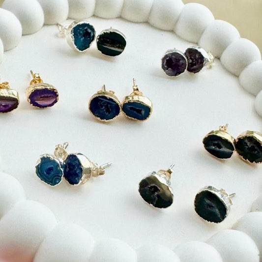 Geode egg Stud Earrings Gold or silver plated