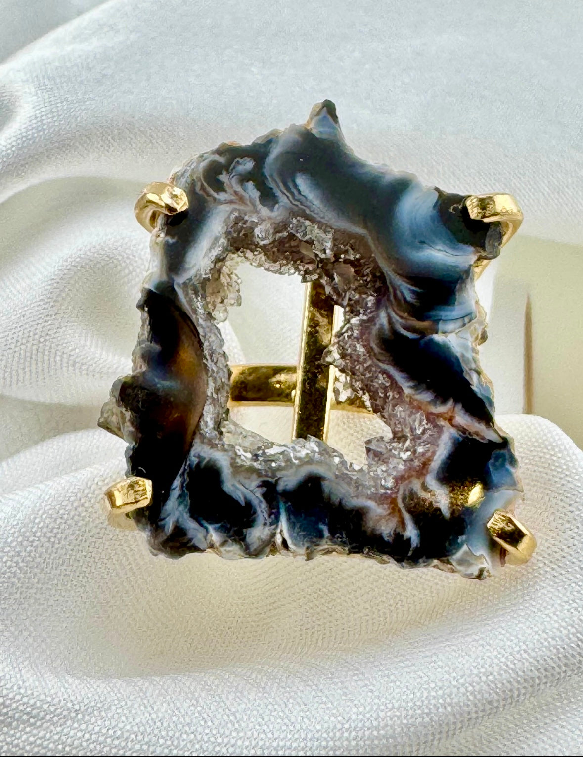 Dark Geode Slice Ring, silver & gold band options, ADJUSTABLE band available