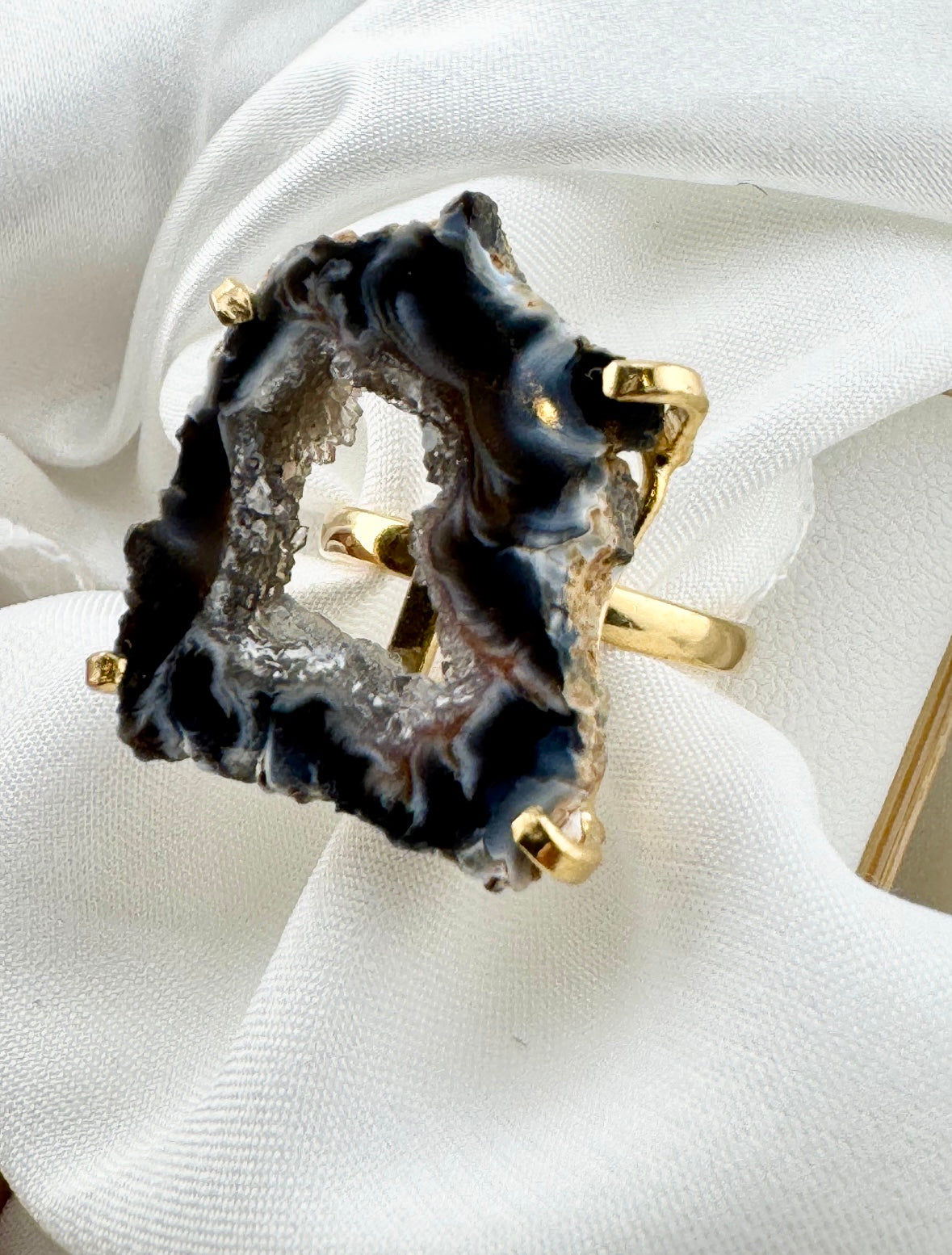 Dark Geode Slice Ring, silver & gold band options, ADJUSTABLE band available