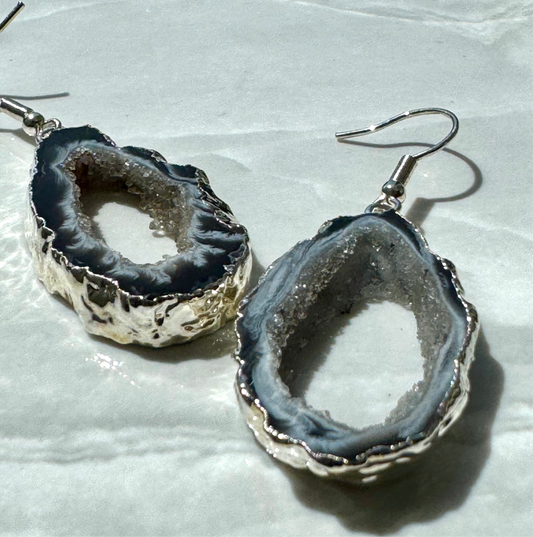 Dark Geode slice Earrings silver or gold electroplated