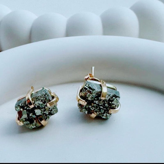 Pyrite Small Rectangular Stud Earrings - Gold or Silver plated available!