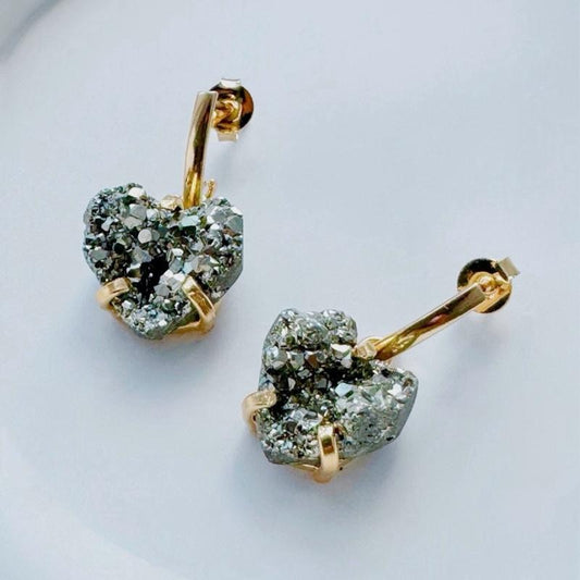 Single Heart Pyrite Dropper Earrings - Gold plated available!